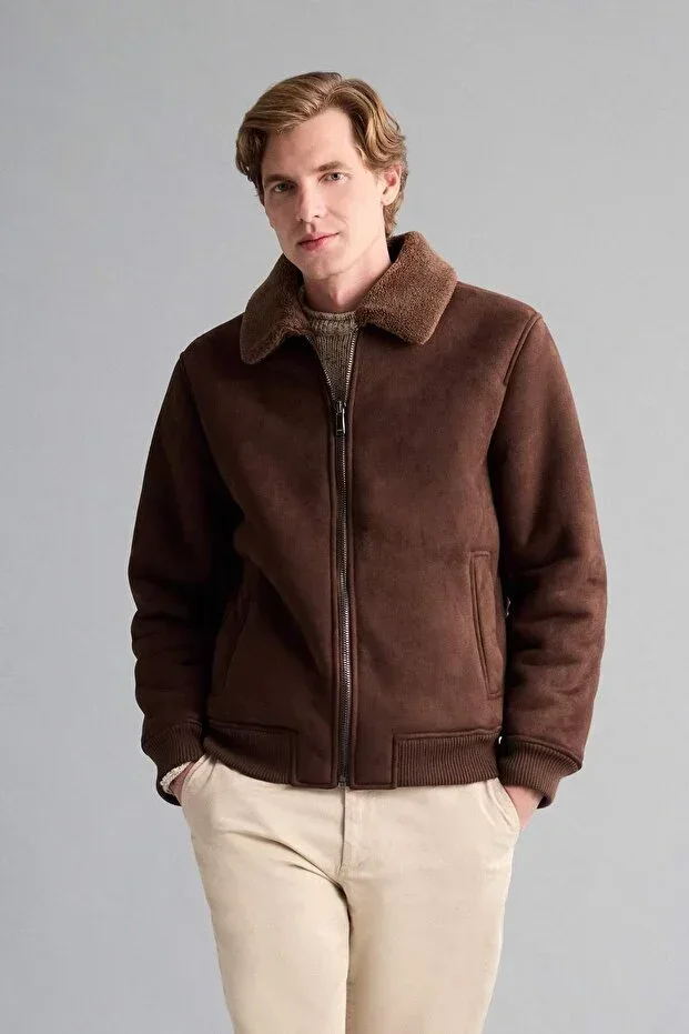 Slim Fit Fur Lined Polo Collar Lined Zippered Pocket Suede Jacket A3869AX25WN