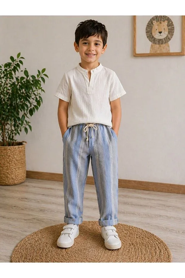 Men's Kids Muslin Striped Set – 100% Cotton / Muslin Summer Breathable Premium Set