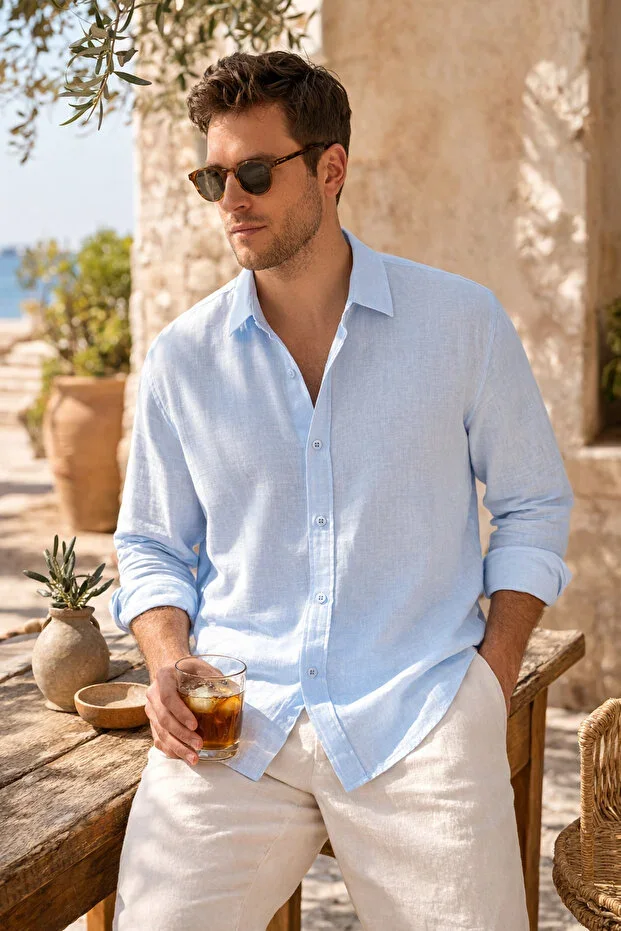 Men's Light Blue Linen Relaxed Fit Summer Long Sleeve Shirt