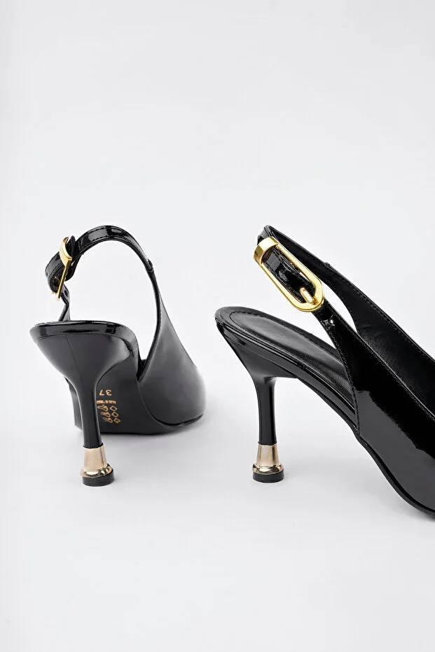 Women's Black Patent Buckled Pointed Toe Chic Stiletto Heels