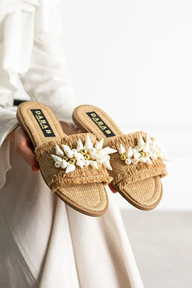 SHELLA Women's Shell and Pearl Detailed Beige Straw Textured Flat Sole Open Toe Slippers