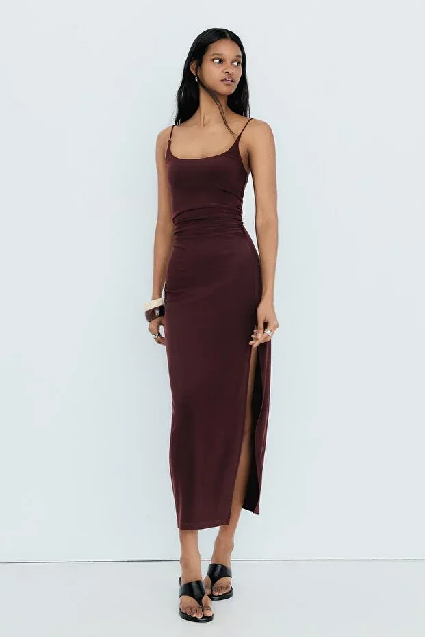 Bershka Ruched Strappy Midi Dress