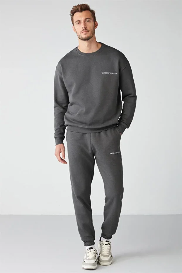 Marshall Men's Cotton Polar Lined Embroidered Relaxed Grey Tracksuit Set