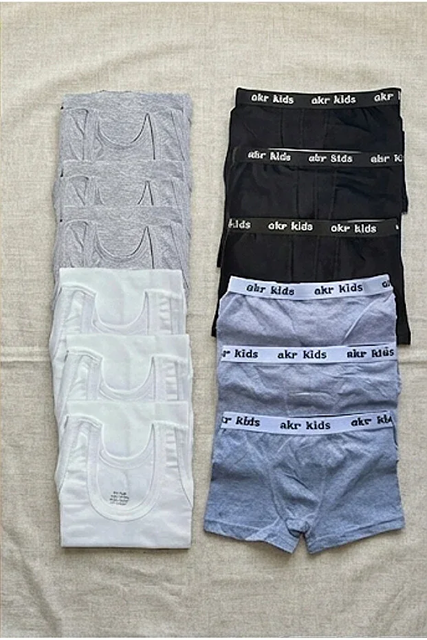 12-Piece Set Boys' Underwear (6 Grey White Vests + 6 Grey Black Boxers) Cotton