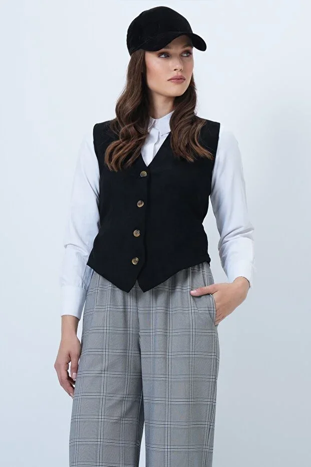 Black Waist Adjustable Stitch Detailed Artificial Suede Vest ALC-X14408