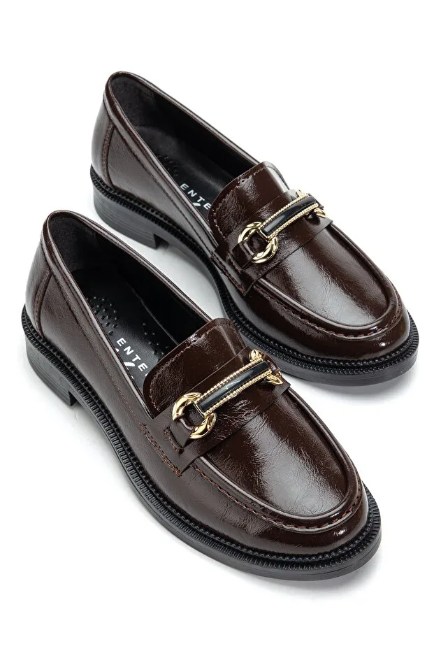 Women's Loafer BELT BUCKLE Bitter Coffee Patent Leather Daily Shoes