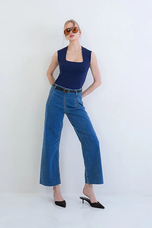 Blue Patch Pocket Lycra Side Zip Jean Pants ALC-X15435