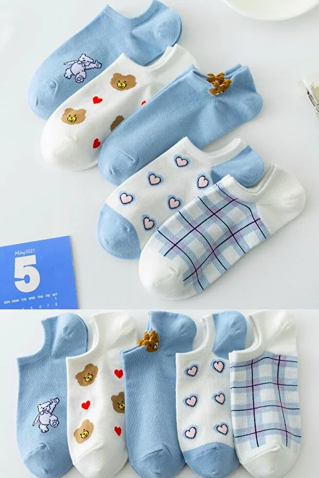 5 Pairs Women's Blue Heart Pattern Short Socks