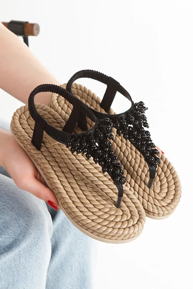 Straw Toe Separated Hand-Knitted Sewn Stone Decorated Cluster Black Chic Women's Sandal