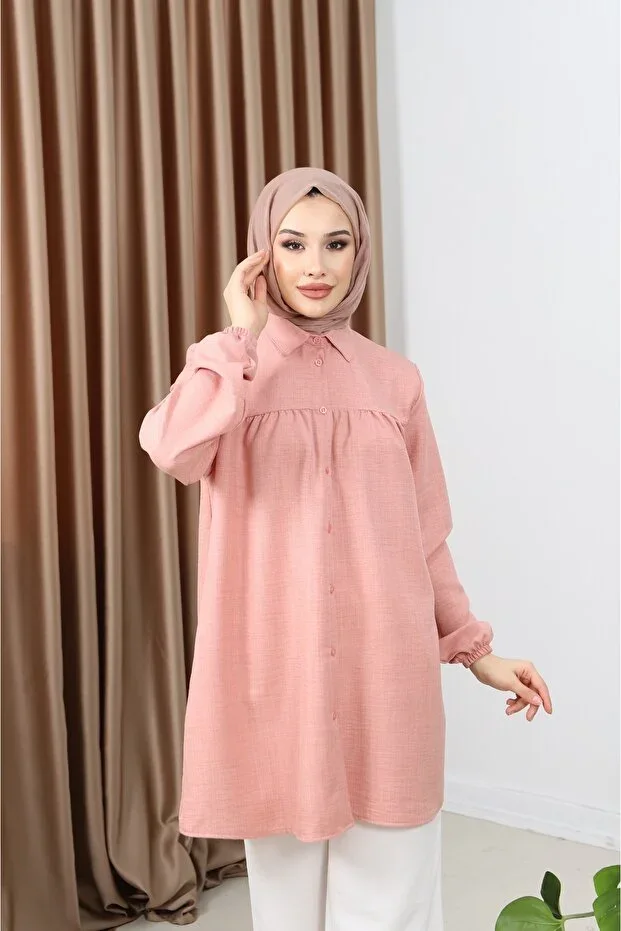 Giyim Gezegeni Front Shirred Sleeve Elasticated Women's Imported Linen Tunic Shirt