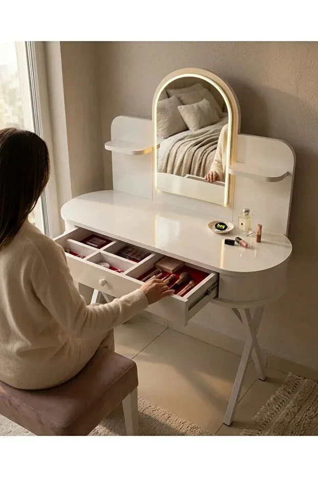 110 cm LED Lighted Mirror Makeup Table Drawer Jewelry Organizer White White Metal Legs Mira Model