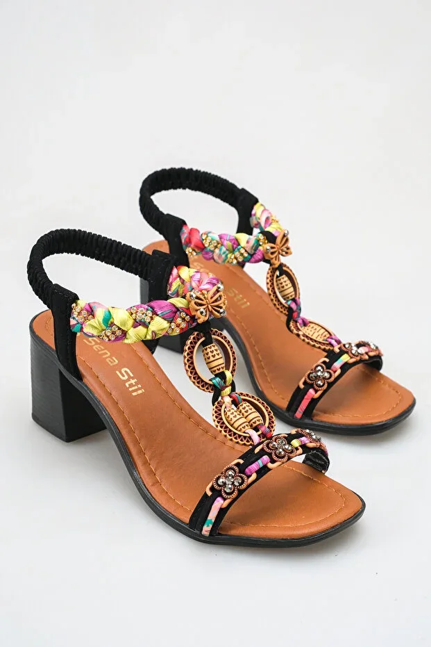 Women's Comfortable Sandal with Beaded and Colorful Woven Details, Stone Embellishments, and Elastic Ankle Strap