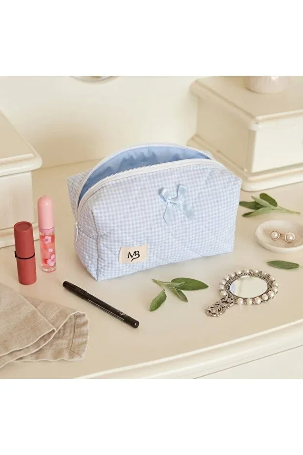 MB Blue Gingham Makeup Bag - Bow - Large Size - Travel Bag