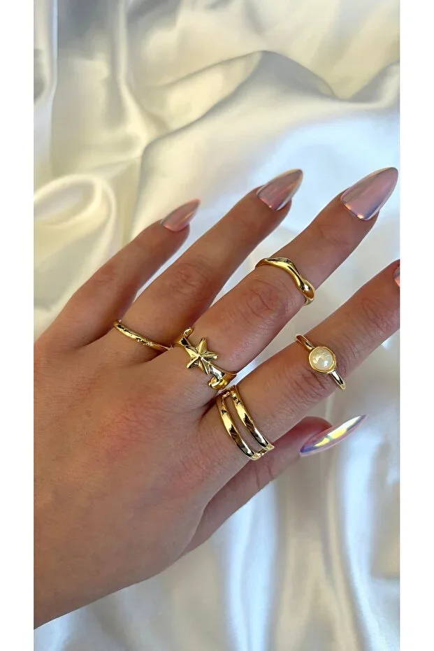 Women's Gold Color 5-Piece Star Ring Set