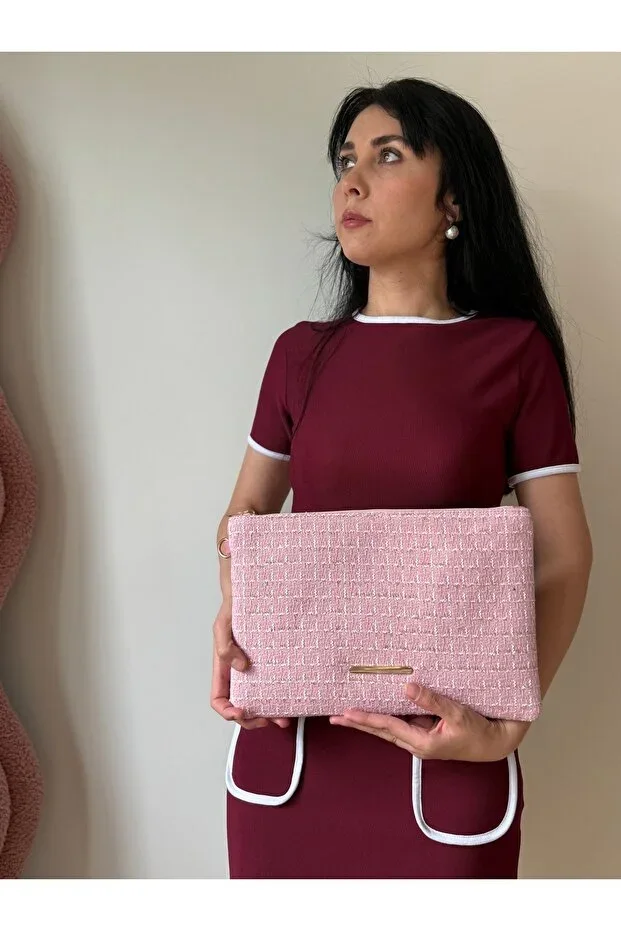 Women's Tweed Fabric Tablet Size Clutch Bag