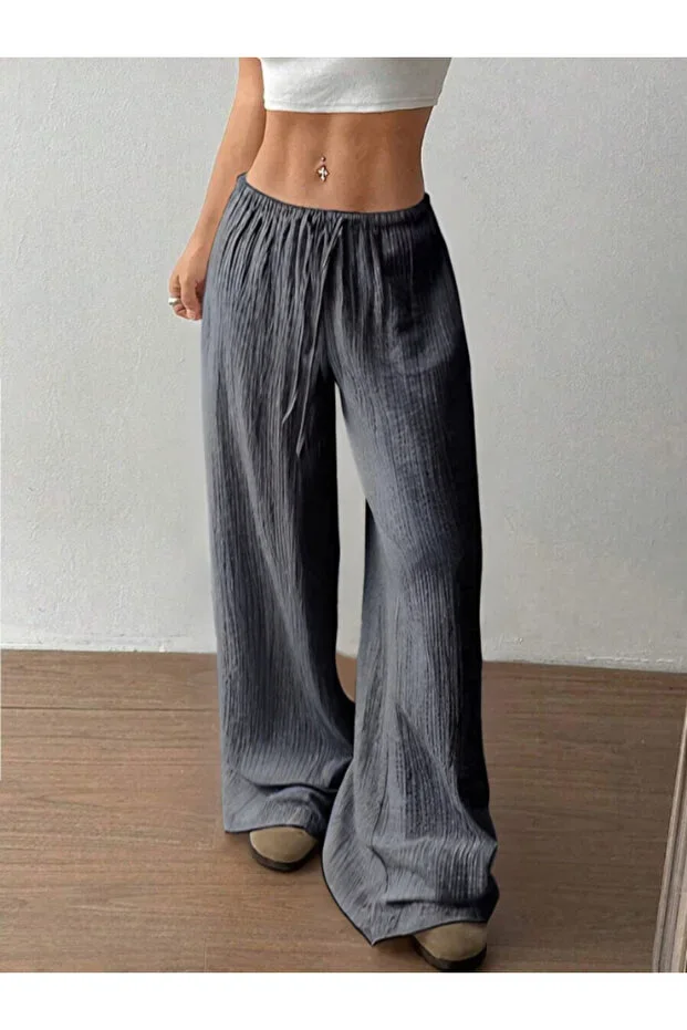 MOONBULL Women's Woven Wide Leg Pants with Terry Cloth and Belt