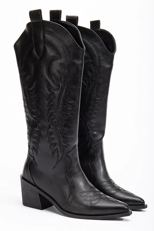 Black Leather Matte Leather Embroidered Embossed Western Cowboy Boot Boot