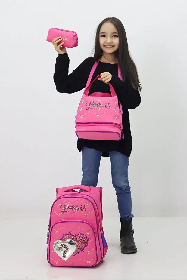 Themed Girls' 3-Piece School Bag Set - Heart Backpack Thermal Lunch Bag Pencil Case