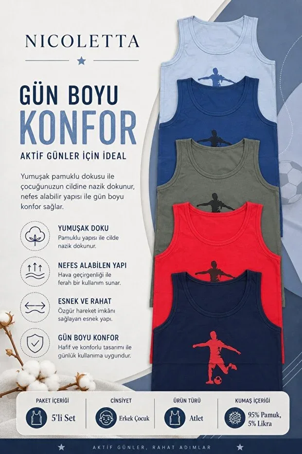 Boys Athletic Tank Top Wide Strap Printed Footballer Cotton Lycra Waiter T-Shirt