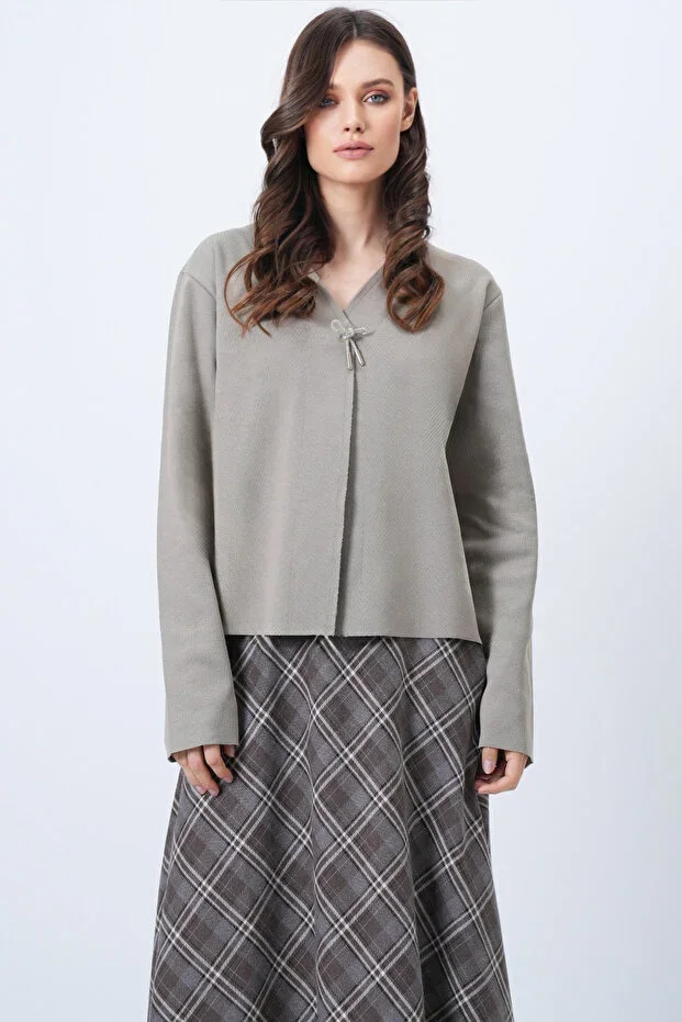 Women's Dark Beige V-Neck Cardigan with Brooch Detail ALC-X14717