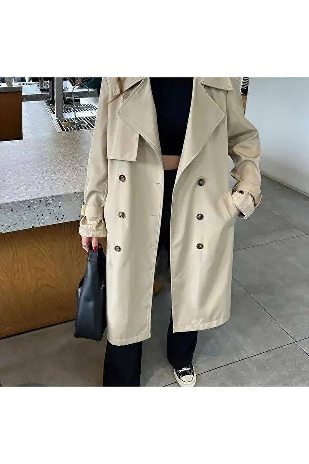 Stone Colored Trench Coat with Buttoned Belt and Windbreaker