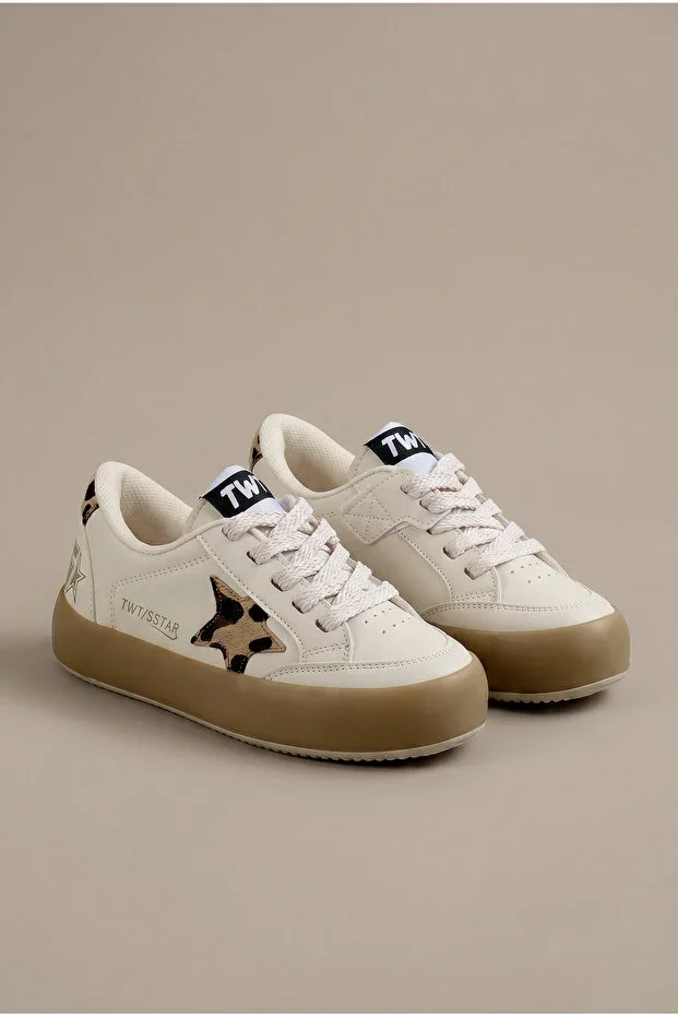 Kids Unisex Beige Leopard Thermo Sole Star Detailed Lace-up and Velcro Sports Shoes