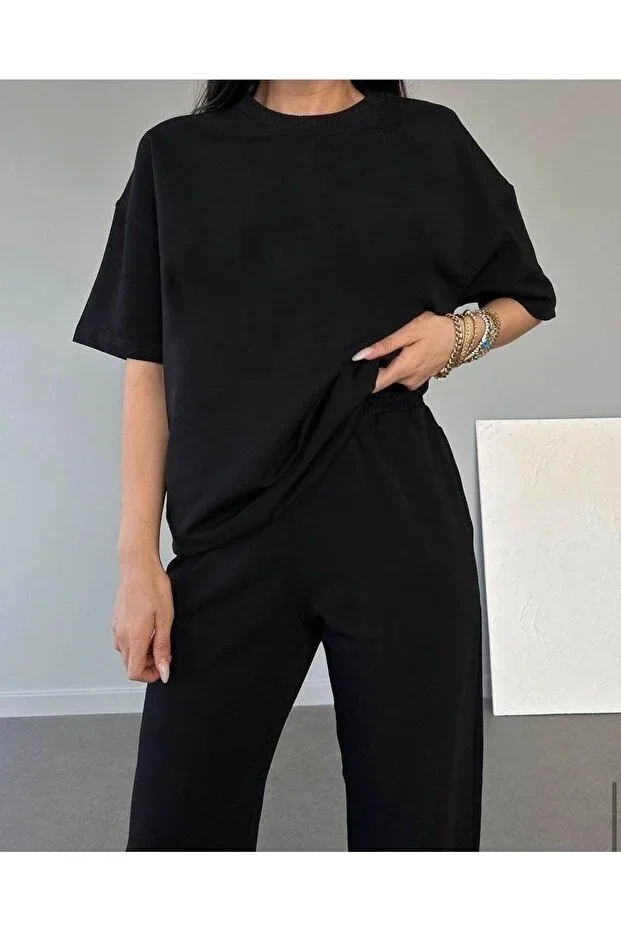 Basic T-shirt Sweatpants Jogger - Black Plain Bottom Top Tracksuit Oversize Round Neck