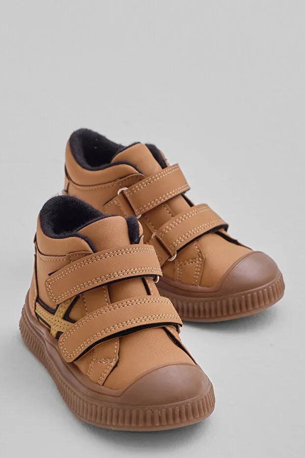 Unisex Children's Camel Flexible Thermo Sole Double Velcro Striped Patterned Sport Short Boots