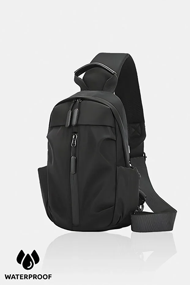 Black Crossbody Shoulder and Waist Bag with Water Repellent Fabric and Zipper Feature