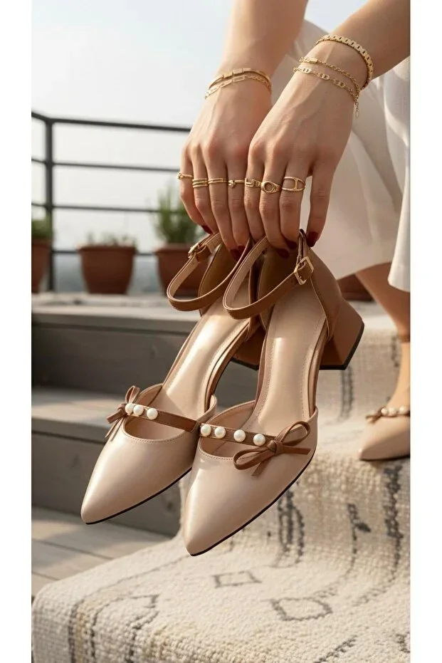 Women's Arin Beige Pointed Toe Ankle Tie Bow and Pearl Detail 3 Cm Heel Classic Shoes