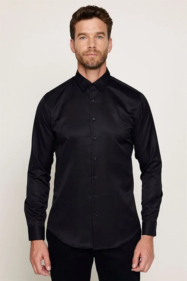 Slim Fit Long Sleeve Easy Iron Sweat-Absorbent Breathable Texture Tie-Friendly Four Seasons Black Men's Shirt