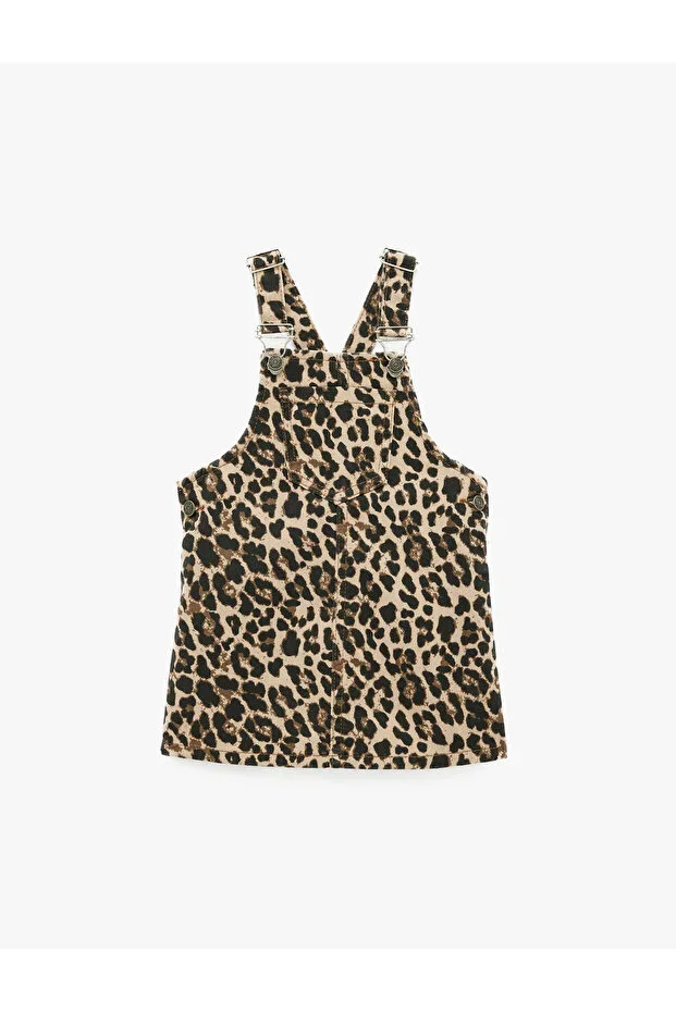 Leopard Print Pocket Square Neck Strap Denim Pinafore Dress