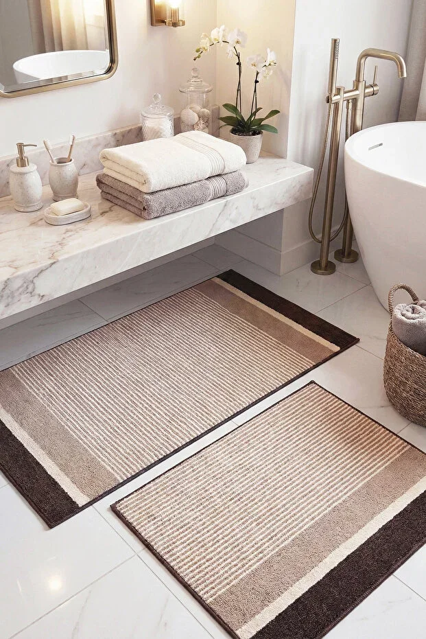 Bath Mat 2-Piece Set Washable Woven Surface Non-Slip Base Toilet Set Bathroom Rug Mat