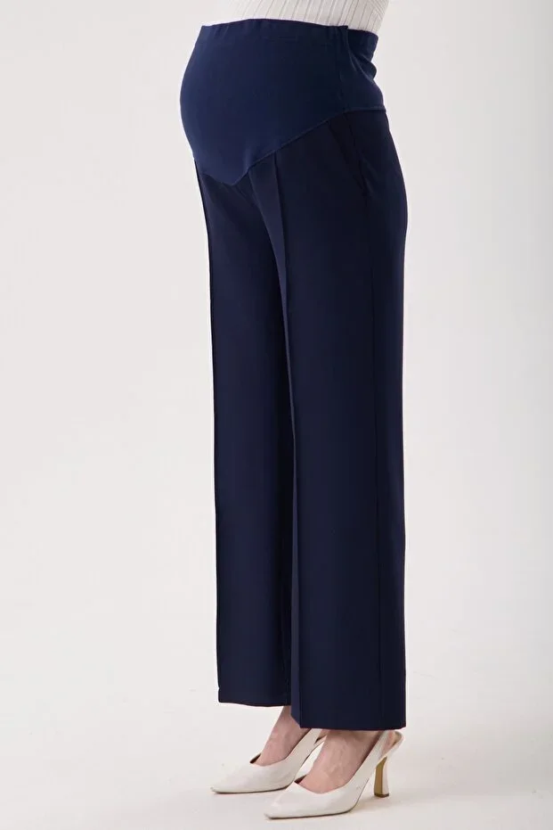Maternity Wide Leg Adjustable Waist Navy Blue Fabric Trousers with Front Stitch Detail