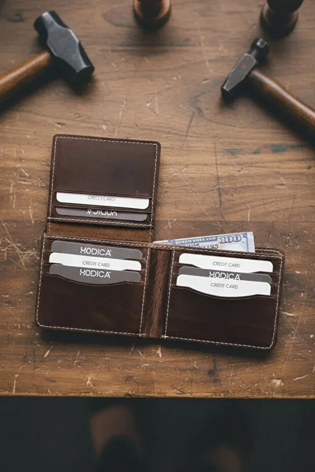 Men's Genuine Leather Wallet Card Holder Brown Classic with Gift Box Cosmos